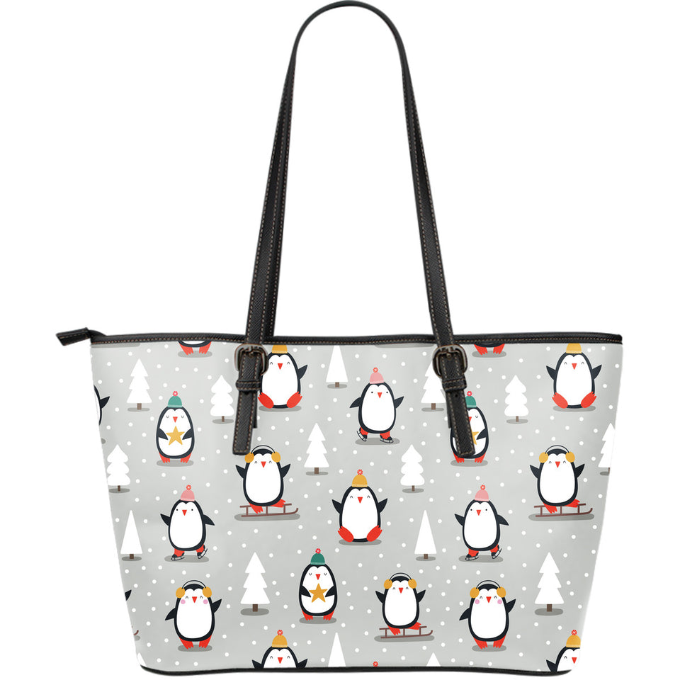 Cute Penguin Christmas Pattern Large Leather Tote Bag