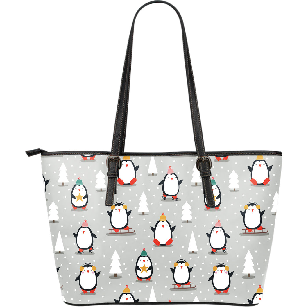 Cute Penguin Christmas Pattern Large Leather Tote Bag