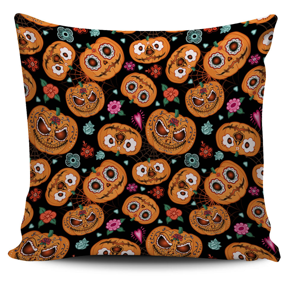 Pumpkin Flowers Spiderweb Halloween Theme Pillow Cover
