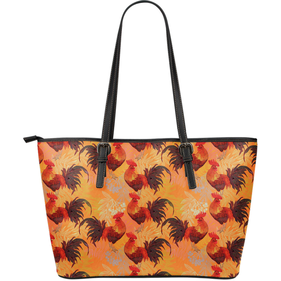 Red Rooster Chicken Cock Pattern Large Leather Tote Bag