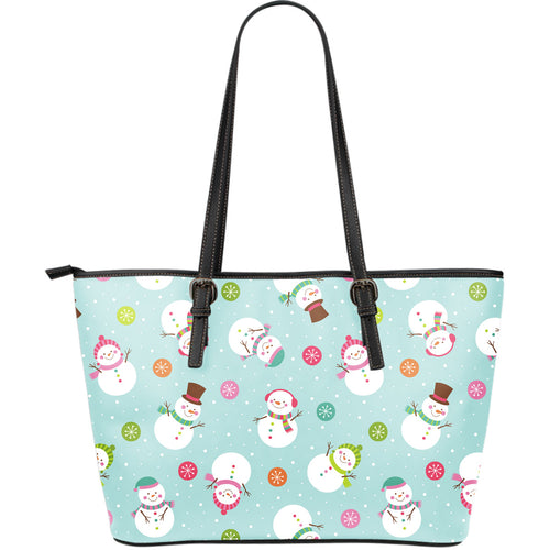 Cute Snowman Snowflake Pattern Large Leather Tote Bag