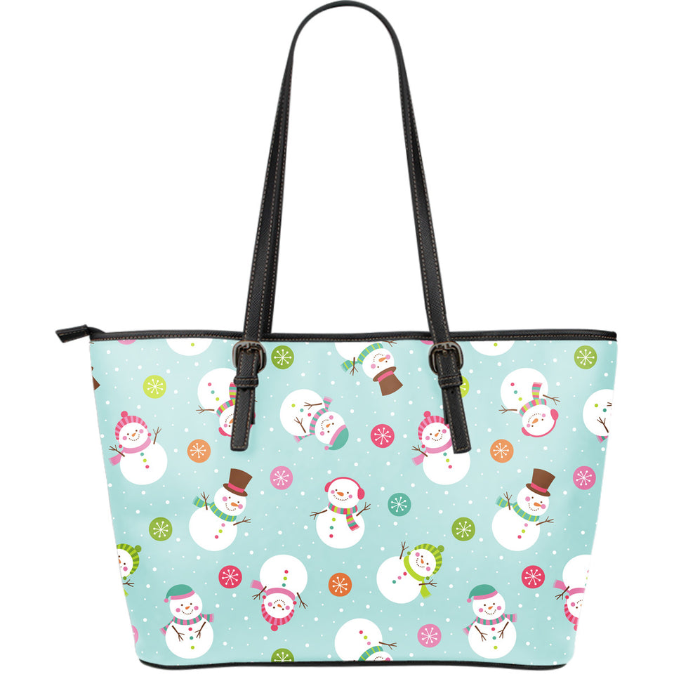 Cute Snowman Snowflake Pattern Large Leather Tote Bag