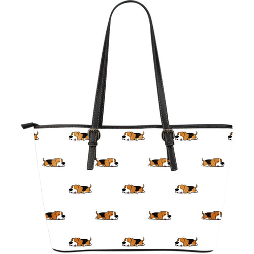 Cute Beagle Dog Sleeping Pattern Large Leather Tote Bag