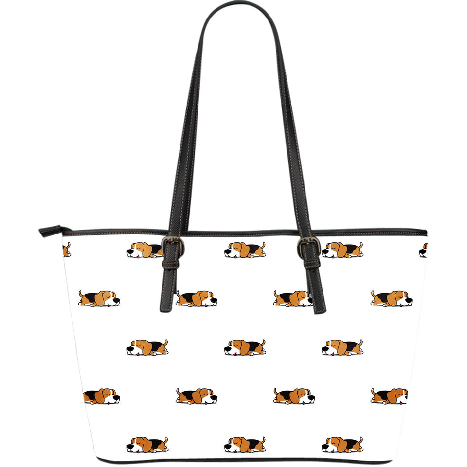 Cute Beagle Dog Sleeping Pattern Large Leather Tote Bag