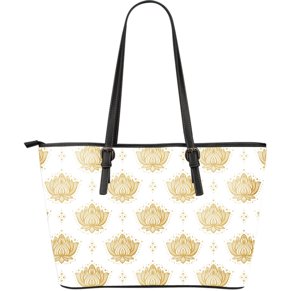 Gold Ornamental Lotue Waterlily Symbol Pattern Large Leather Tote Bag