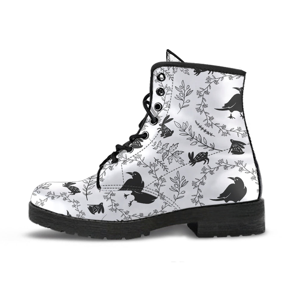 Crows Floral Wreath Rabbit Pattern Leather Boots