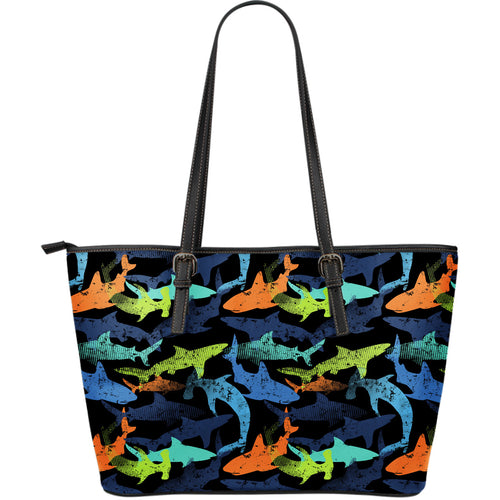Colorful Shark Large Leather Tote Bag