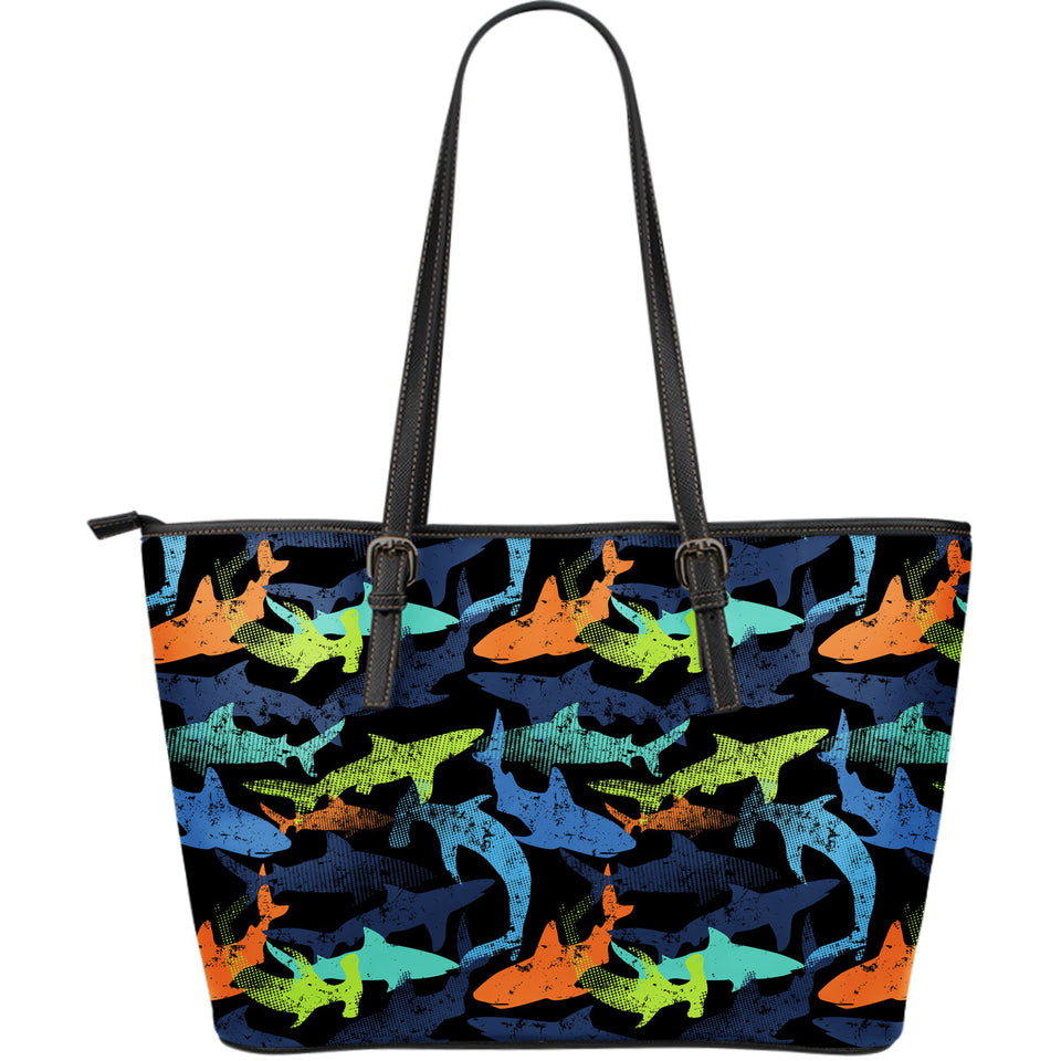 Colorful Shark Large Leather Tote Bag