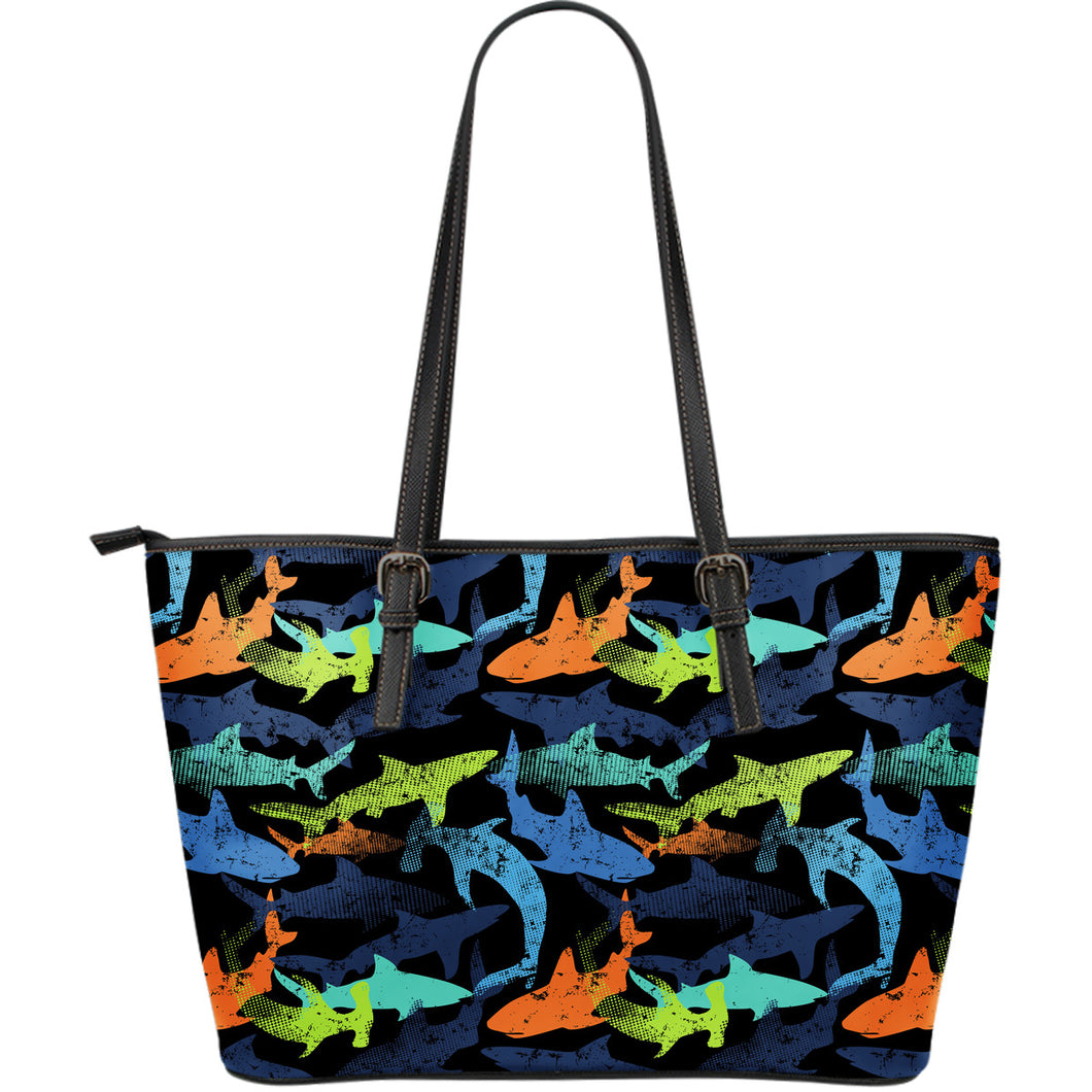 Colorful Shark Large Leather Tote Bag