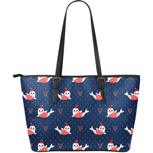 Cute Sea Lion Seal Christmas Hat Candy Cane Heart Pattern Large Leather Tote Bag