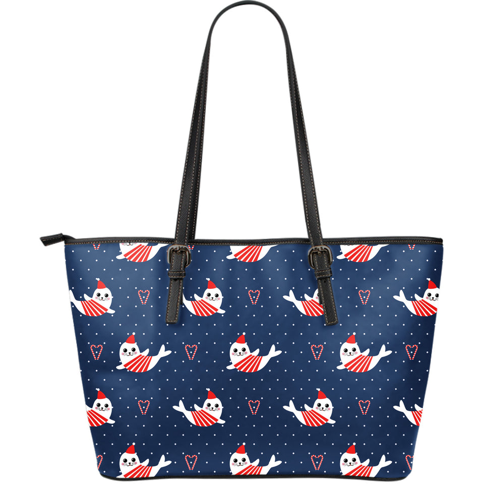 Cute Sea Lion Seal Christmas Hat Candy Cane Heart Pattern Large Leather Tote Bag