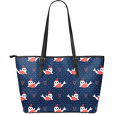 Cute Sea Lion Seal Christmas Hat Candy Cane Heart Pattern Large Leather Tote Bag