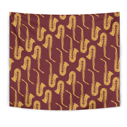 Hand Drawn Gold Saxophone Red Background  Wall Tapestry