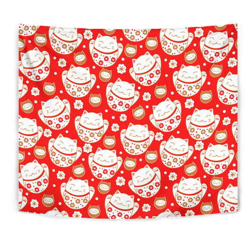 Cute Maneki Neko Lucky Cat Red Background Wall Tapestry