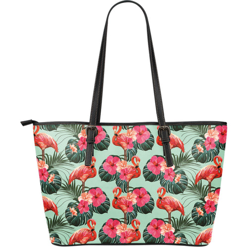 Beautiful Flamingo Tropical Palm Leaves Hibiscus Pateern Background Large Leather Tote Bag