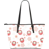 Daruma Japanese Wooden Doll Cherry Blossom Flower Pattern Large Leather Tote Bag