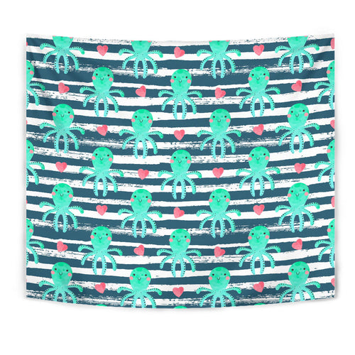 Cute Octopuses Heart Striped Background Wall Tapestry