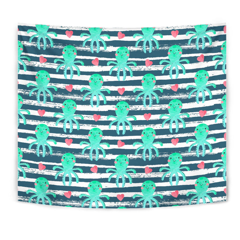 Cute Octopuses Heart Striped Background Wall Tapestry