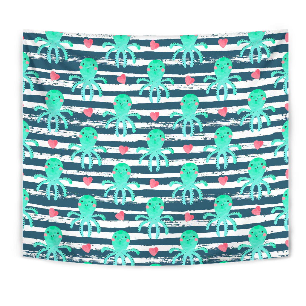 Cute Octopuses Heart Striped Background Wall Tapestry
