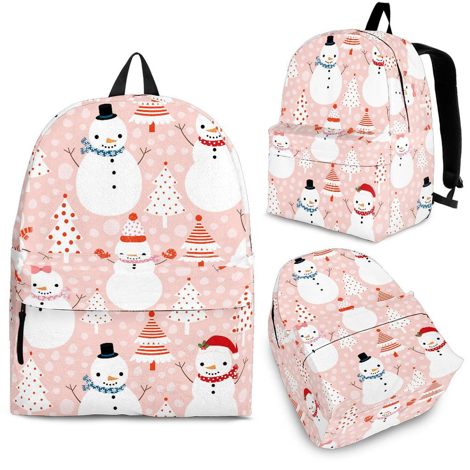 Cute Snowman Christmas Tree Snowpink Background Backpack