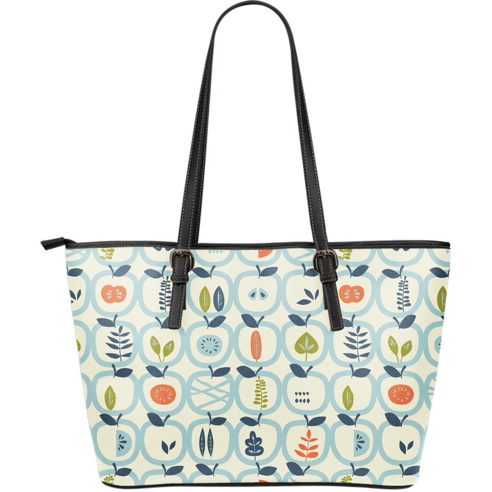 Apples Leaves Pattern Large Leather Tote Bag