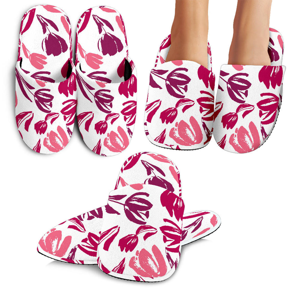 Pink Sketch Tulip Pattern Slippers