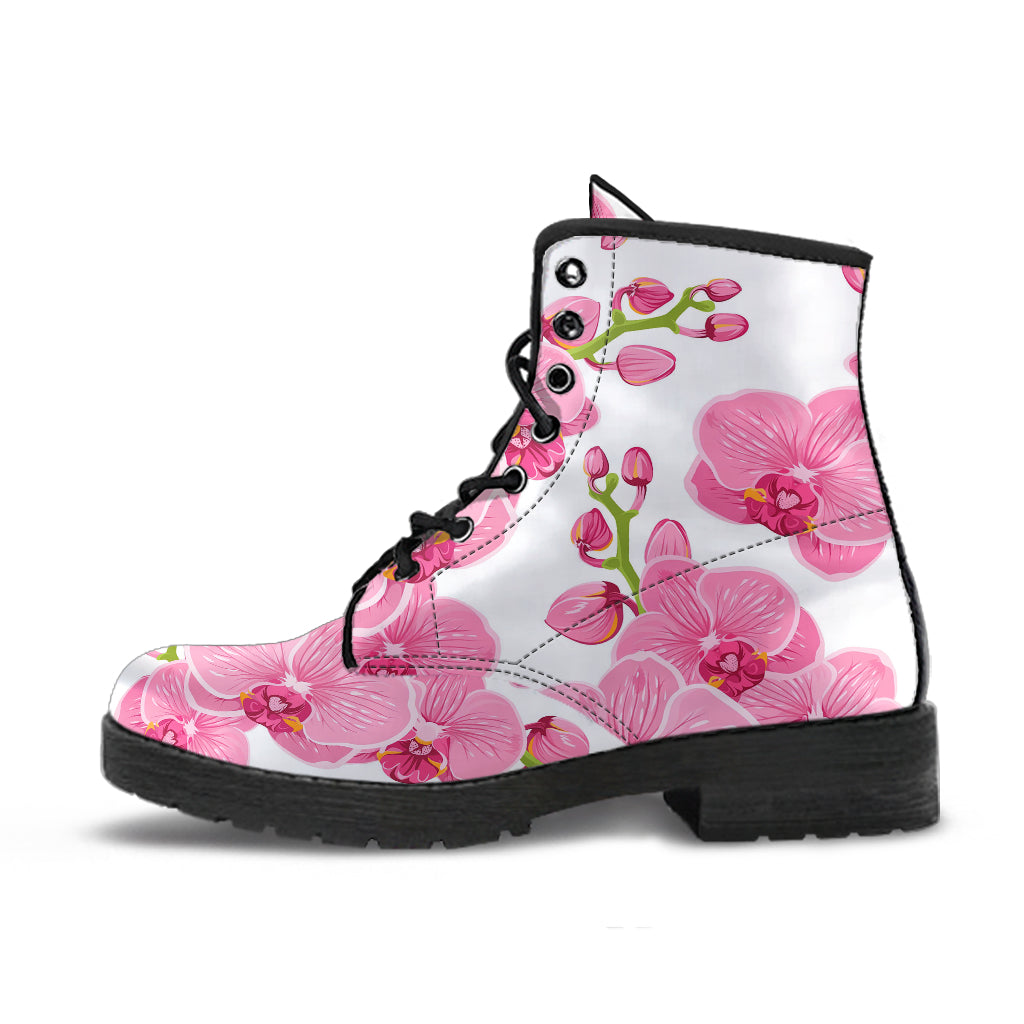 Pink Purple Orchid Pattern Background Leather Boots