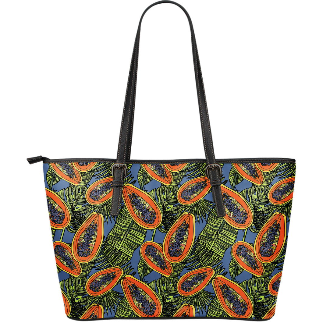 Colorful Papaya Tropical Leaves Large Leather Tote Bag