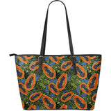 Colorful Papaya Tropical Leaves Large Leather Tote Bag