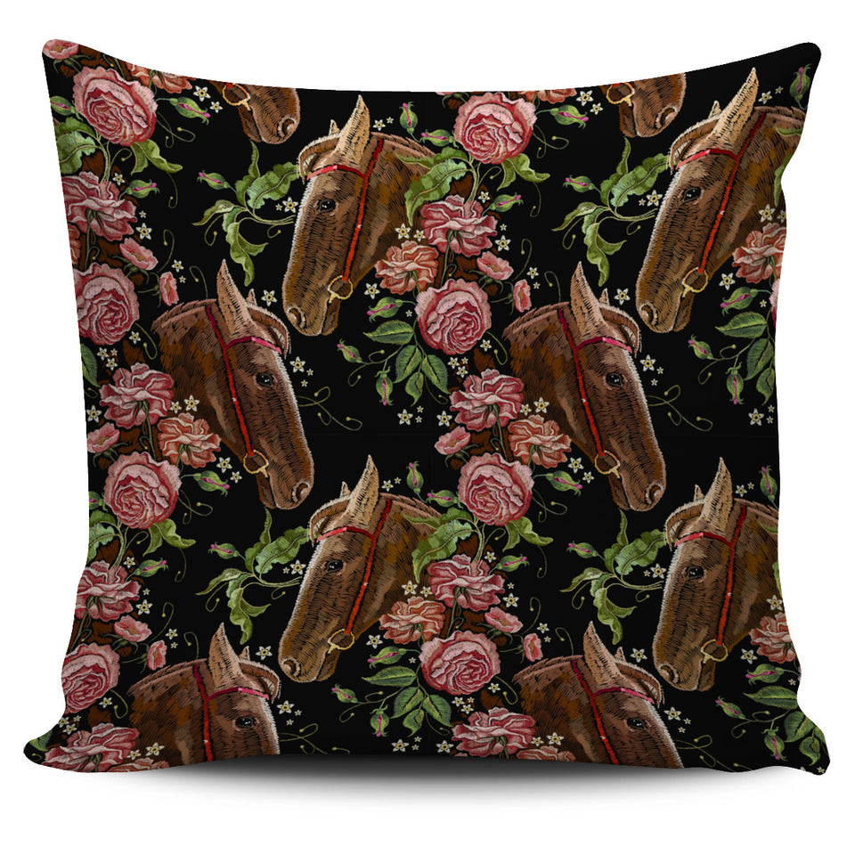 Horse Head Wild Roses Pattern Pillow Cover