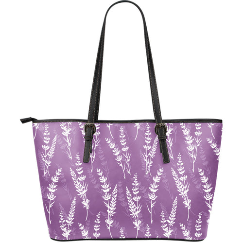 Lavender Flowers Purple Pattern Large Leather Tote Bag