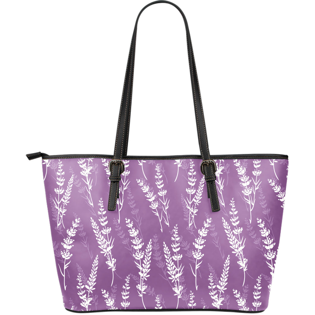 Lavender Flowers Purple Pattern Large Leather Tote Bag