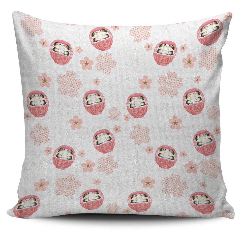 Daruma Japanese Wooden Doll Cherry Blossom Flower Pattern Pillow Cover