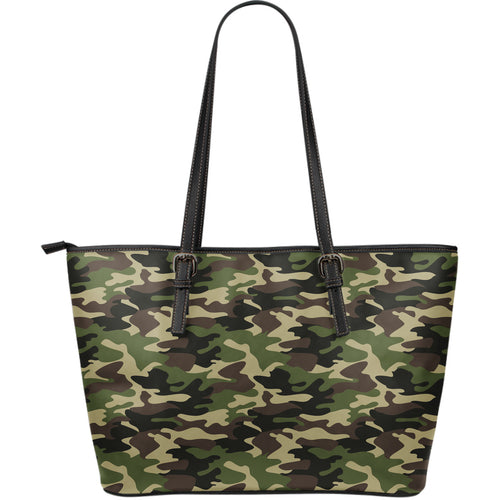 Dark Green Camo Camouflage Pattern Large Leather Tote Bag