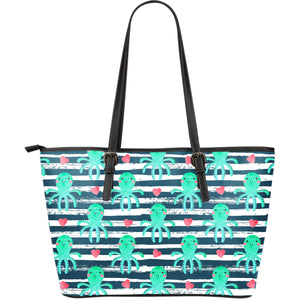 Cute Octopuses Heart Striped Background Large Leather Tote Bag