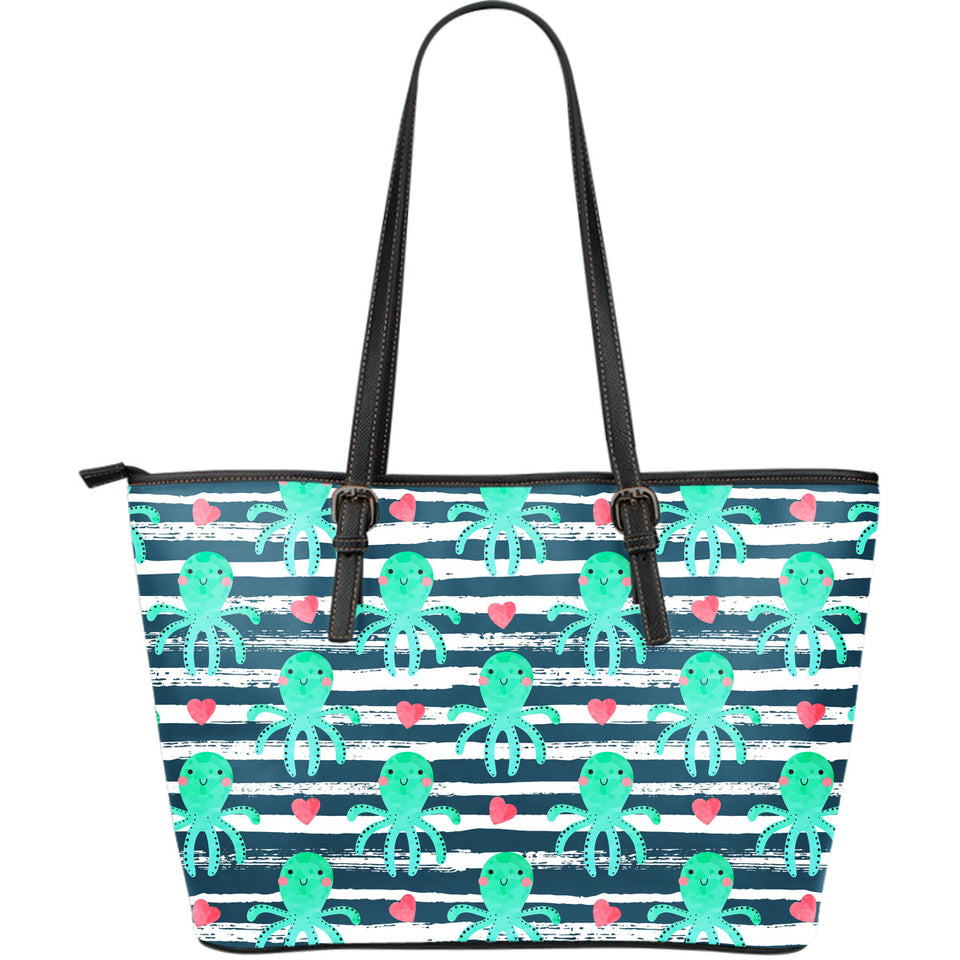 Cute Octopuses Heart Striped Background Large Leather Tote Bag