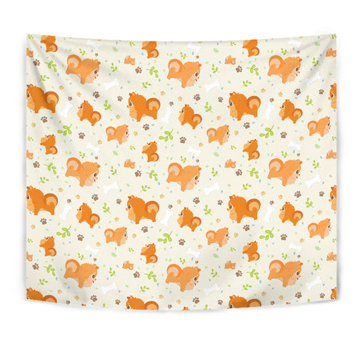 Cute Brown Pomeranian Paw Leave Bone Pattern Wall Tapestry