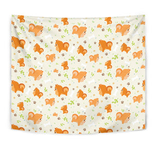 Cute Brown Pomeranian Paw Leave Bone Pattern Wall Tapestry