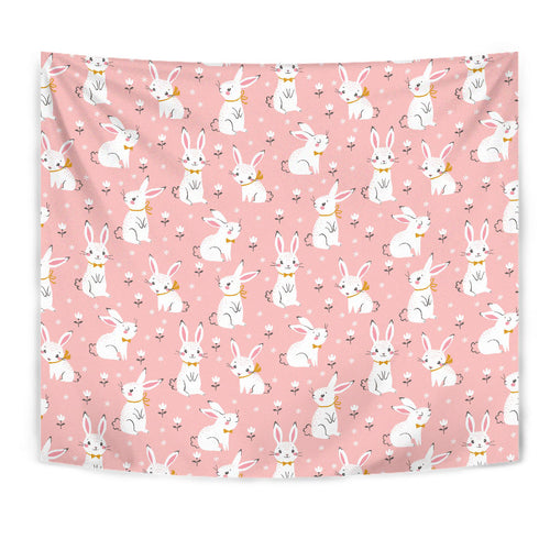 Cute White Rabbit Flower Pink Background Wall Tapestry