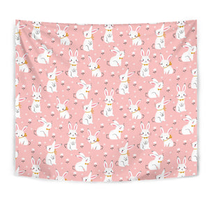 Cute White Rabbit Flower Pink Background Wall Tapestry