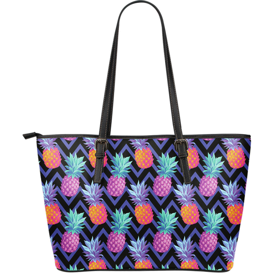 Pineapples Pattern Zigzag Background Large Leather Tote Bag