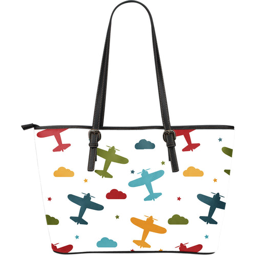 Airplane Star Cloud Colorful Large Leather Tote Bag