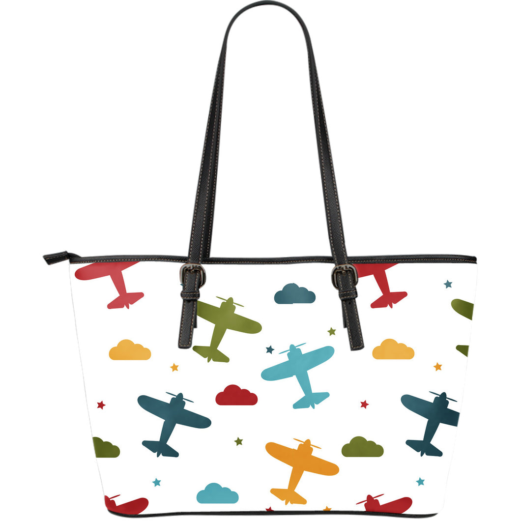 Airplane Star Cloud Colorful Large Leather Tote Bag