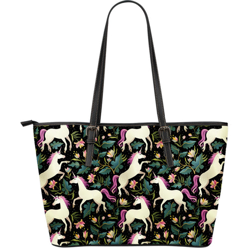Unicorns Forest Background Large Leather Tote Bag