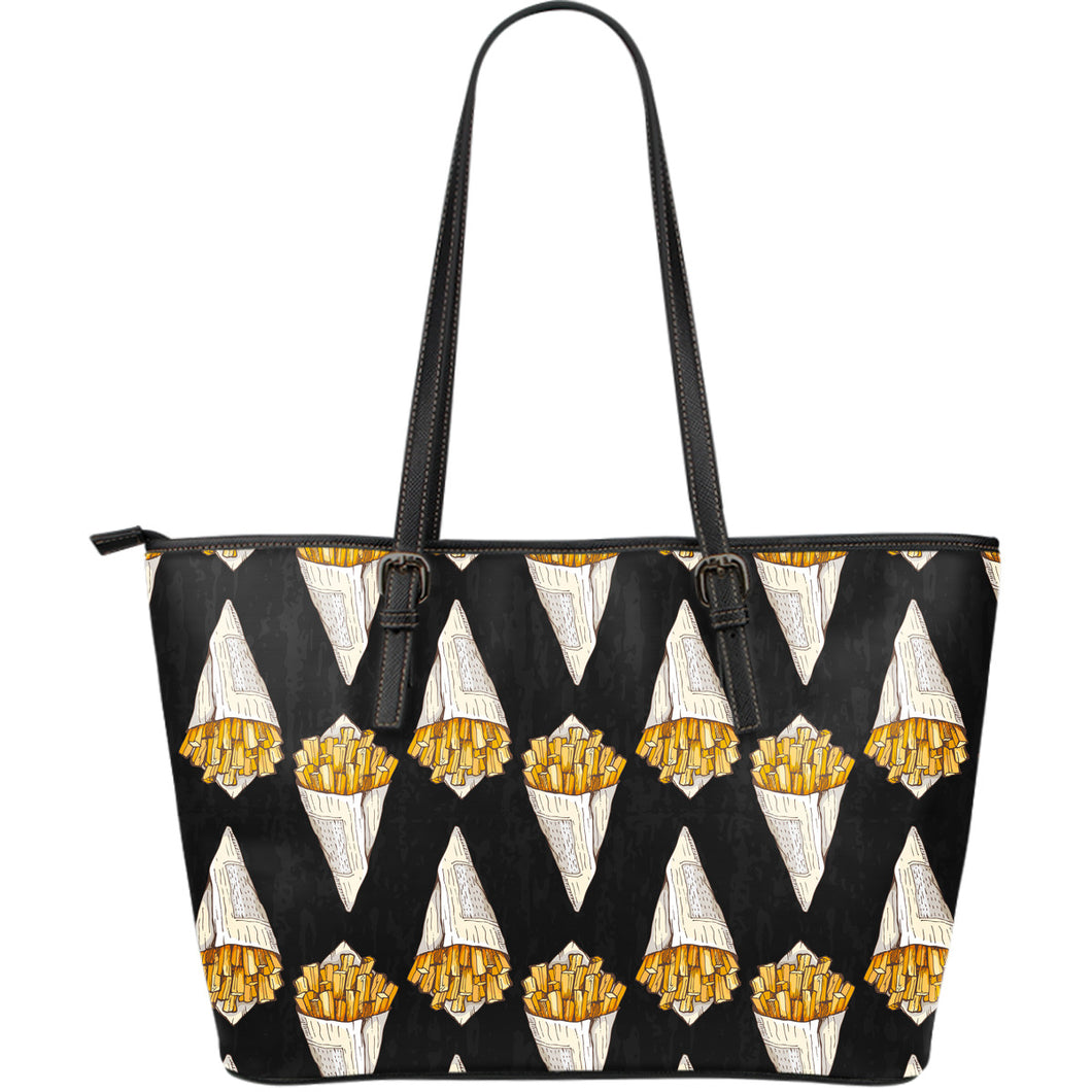 French Fries Dark Background Large Leather Tote Bag