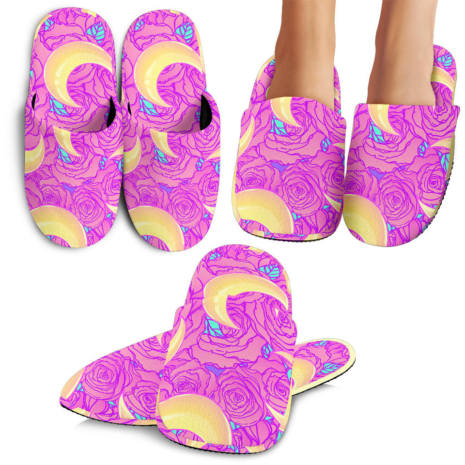 Moon Pink Rose Background Slippers