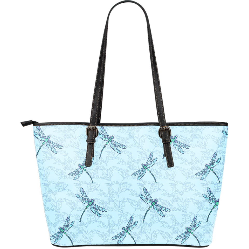 Dragonfly Pattern Blue Background Large Leather Tote Bag