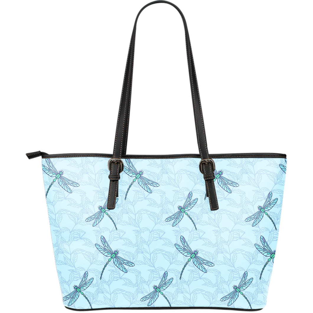 Dragonfly Pattern Blue Background Large Leather Tote Bag