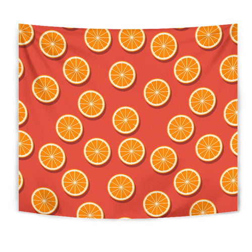 Oranges Pattern Red Background Wall Tapestry