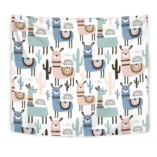 Lama Alpaca Cactus Hand Drawn Pattern Wall Tapestry